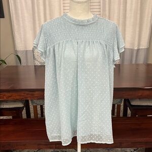 Light Blue Swiss Dot Ruffle Yoke Blouse